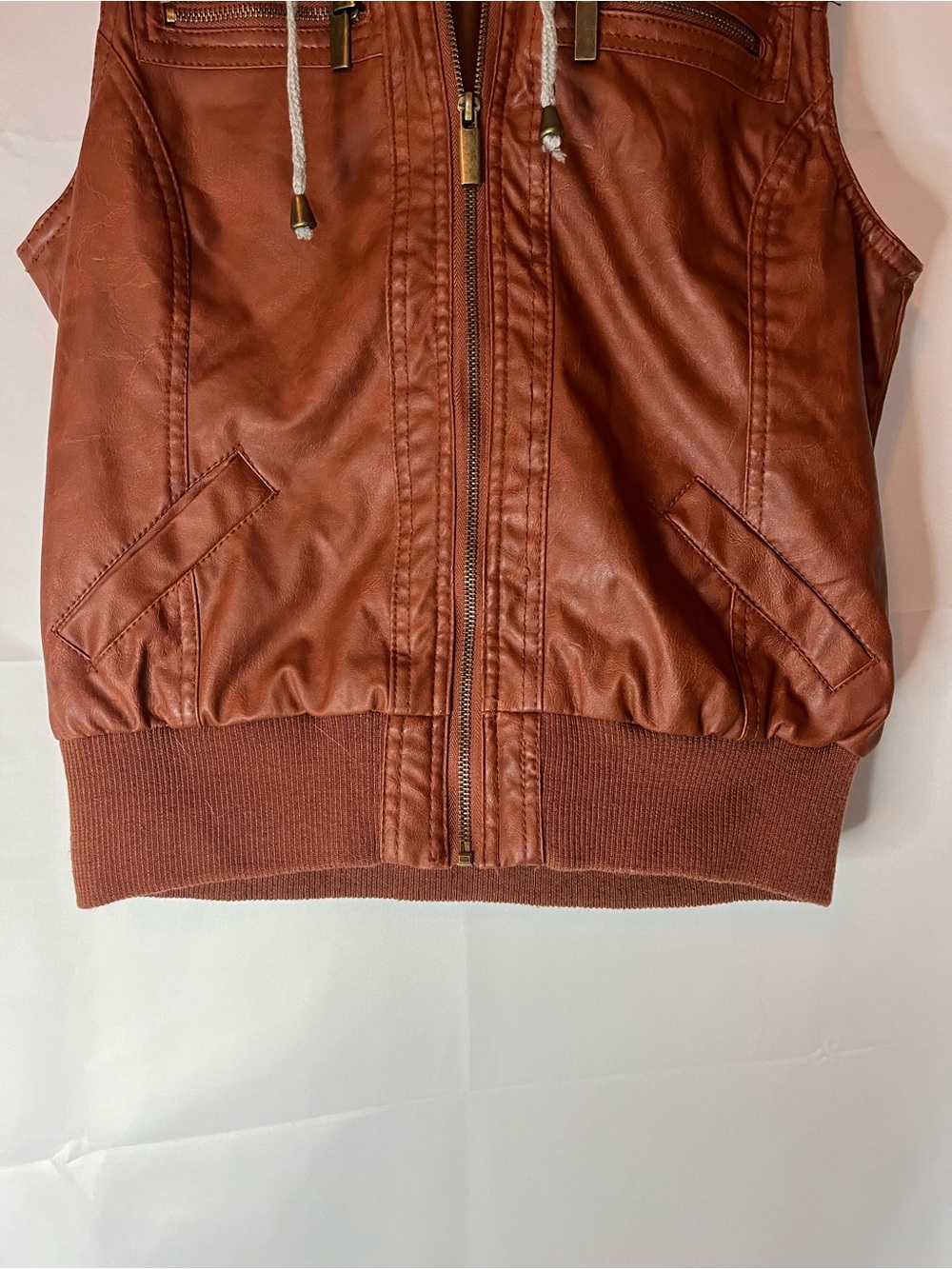 Deb Women's Brown Faux Leather Vest with Gray Hood - Picture 2 of 6